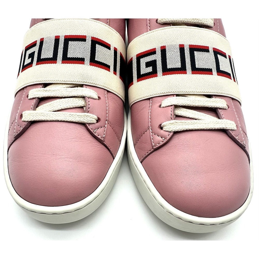 Gucci Bubblegum Pink Leather Ace Logo Stripe Strap Low Top Sneakers 6/36.5 - Picture 3 of 17
